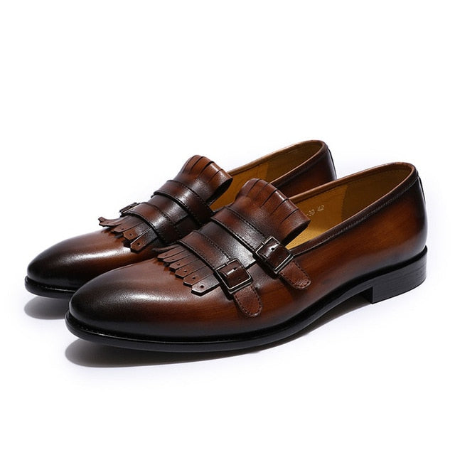 Stylish Fringed Double Monk Strap Men Leather Loafers Shoes