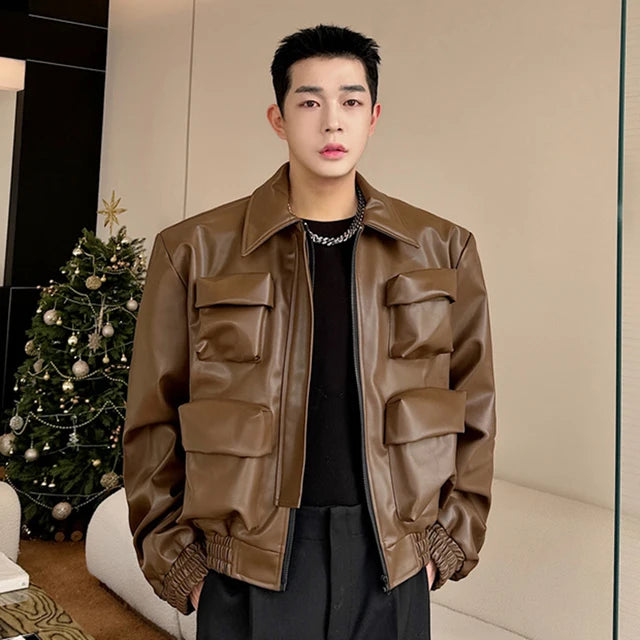 Multi Pockets Solid Color PU Leather Jacket