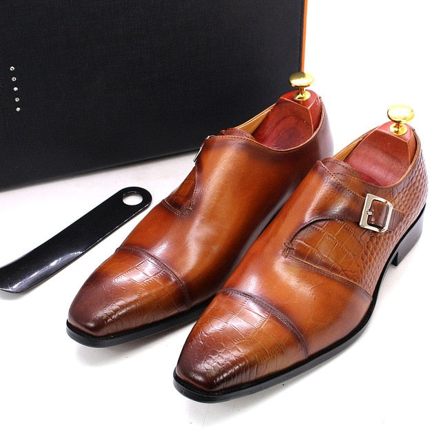 Snake Patterned Single-Strapped Leather Monk Shoes