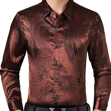 Smooth Silk Satin Chinese Dragon Jacquard Slim Fit Long Sleeve Style Men Shirt