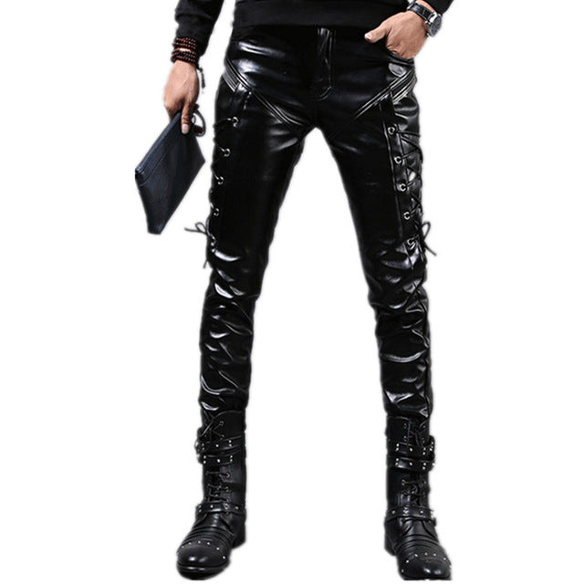 Rock Skinny Lace Up Shiny Faux PU Leather Trousers