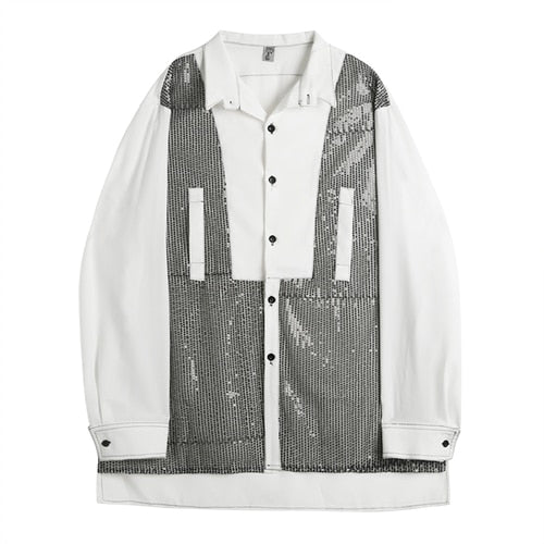 Camisa casual de manga larga de gasa con lentejuelas para hombre