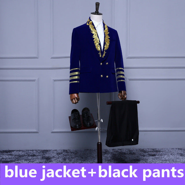 Velvet Royal Blue with Gold Touch Style Men Costume Set Blazer With Pant