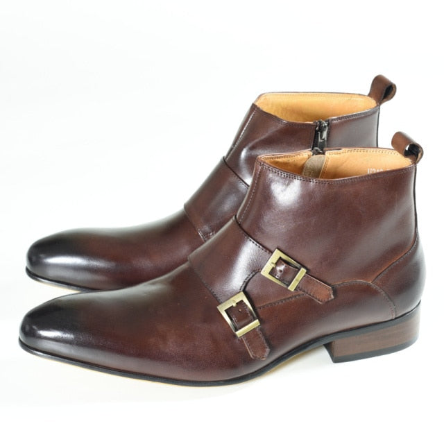 Buckle Strap Genuine Leather Dress Boots