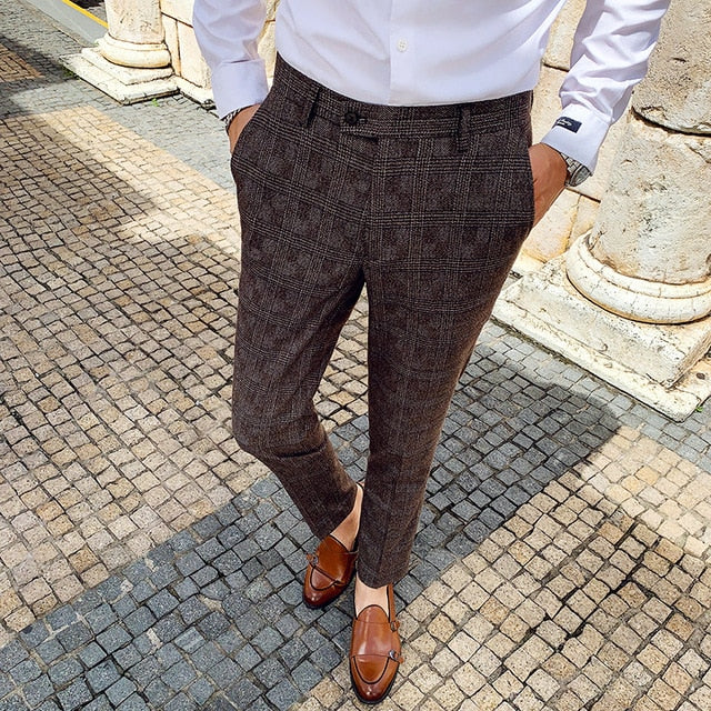 Classic Plaid Buttoned Waist Men Formal Trousers