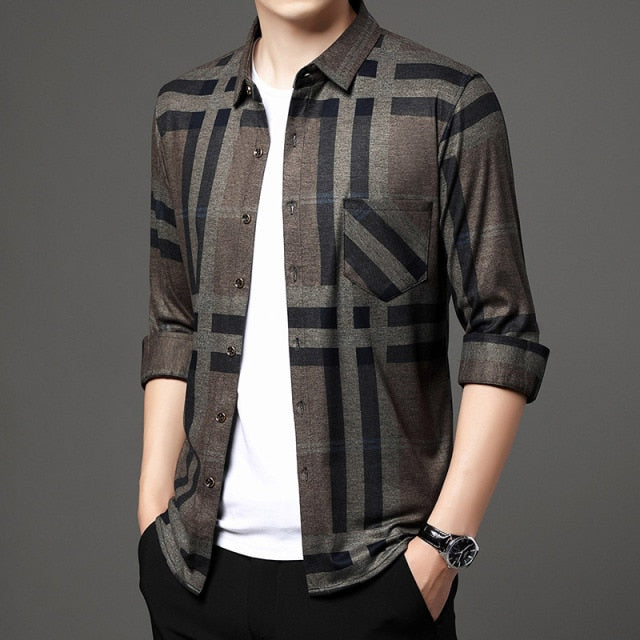 Plaid Big Striped Pattern Printed Long Sleeve Shirt