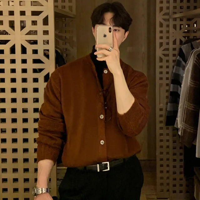Coffee Brown Solid Knitting Cardigan