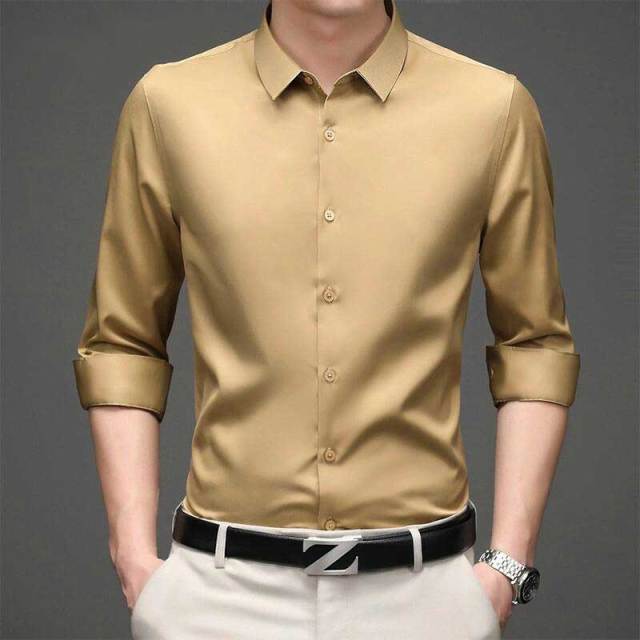 Solid Polyester Turn-Down Collar Men's Shirt