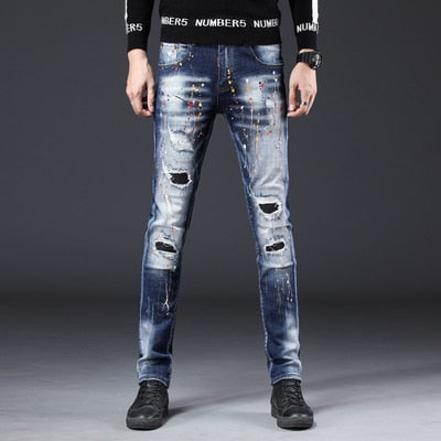 Paint Splatter Prints Men Ripped Effect Jeans