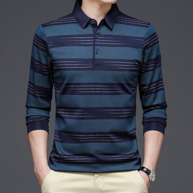 Tri-lines Horizontal Stripes Printed Polo Shirt