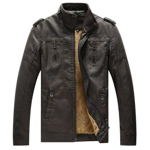 Solid Stand Collar with Faux Fur Lining Biker Style Men PU Leather Jacket