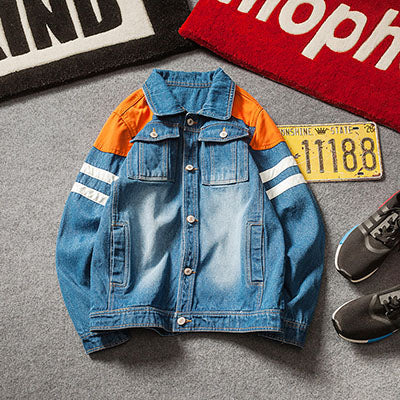 Harajuku Style Men Denim Jacket With Contrast Color Shoulder Patchwork Details - FanFreakz