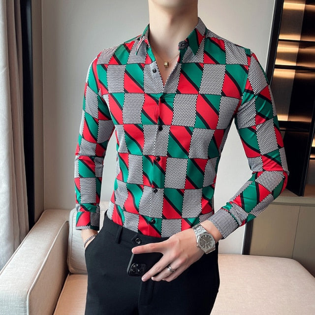 Christmas Color Plaid Printed Long Sleeve Shirt