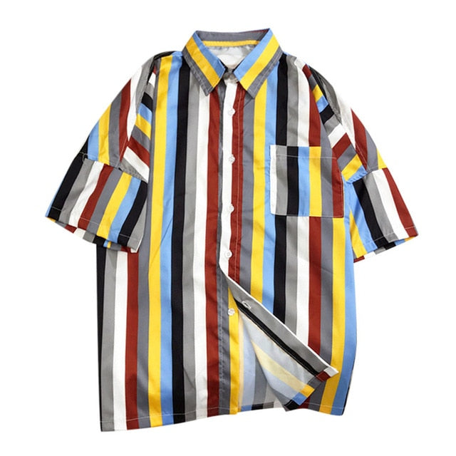 Casual Summer Multicolour Striped Beach Loose Style Men Shirts