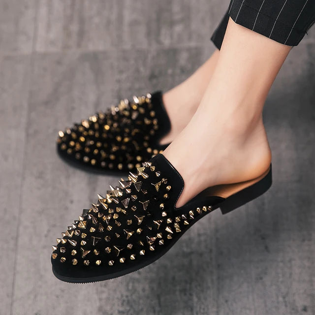 Rivet Rhinestone Decoration Black Mules Shoes