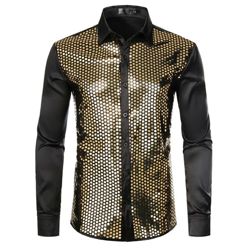 Chemise habillée en soie noire à sequins dorés brillants pour hommes