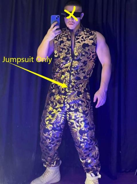 Combinaison sans manches brodée vintage à sequins dorés