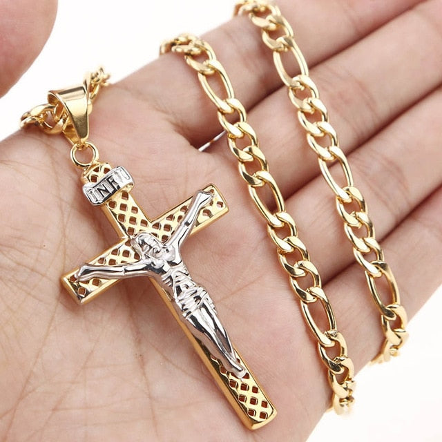 Colgante de cruz cristiana, cadena hueca de acero inoxidable, collares para hombres