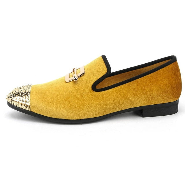 Yellow Gold Velvet with Rivets Toe Men Loafers Shoes