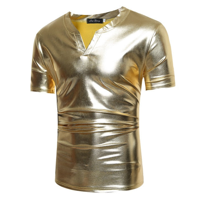 T-shirt pour hommes de style décontracté à col en V métallique enduit brillant