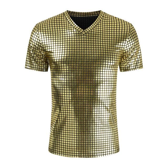 Metallic Plaid Pattern Nightclub Short Sleeve T-Shirt