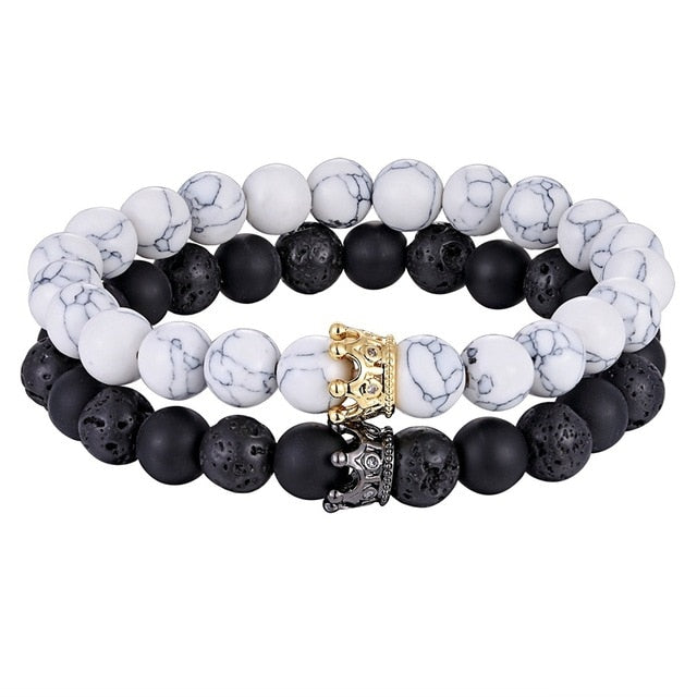 Natural Stone Matte Onyx Stone with Crown Accessories Men Beads Bracelet