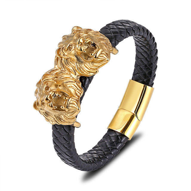 Gold Lion Punk en acier inoxydable avec bracelet en cuir pour homme