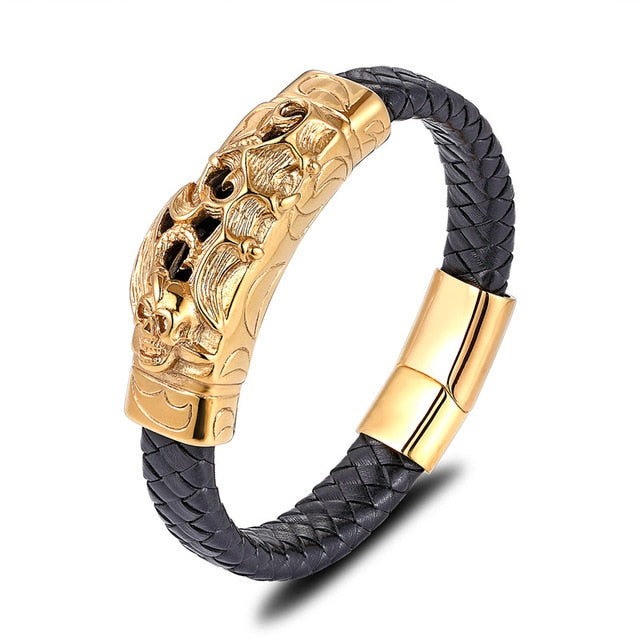 Gold Lion Punk en acier inoxydable avec bracelet en cuir pour homme