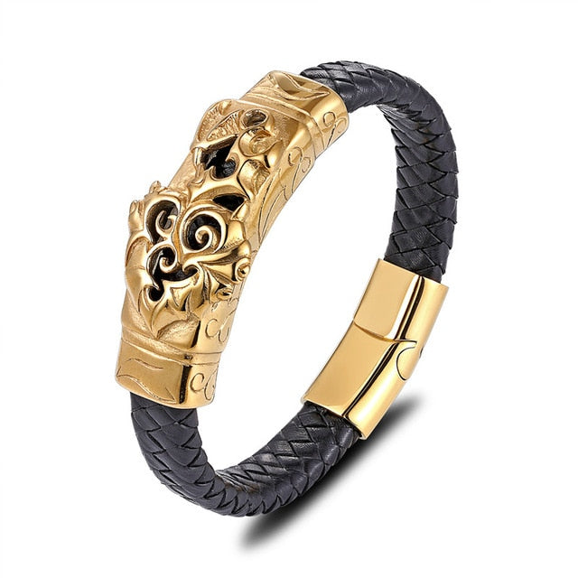 Gold Lion Punk en acier inoxydable avec bracelet en cuir pour homme