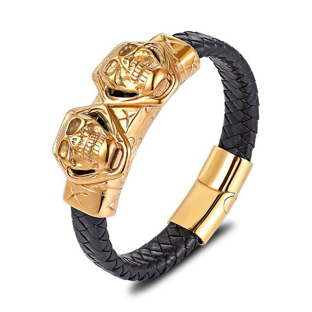 Gold Lion Punk en acier inoxydable avec bracelet en cuir pour homme