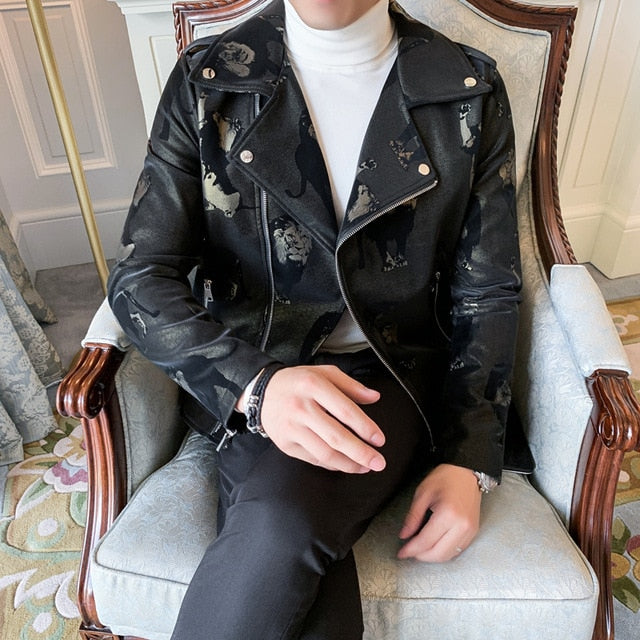 Veste en similicuir pour hommes avec motif de lion et revers à glissière