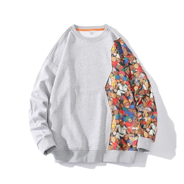 Cartoon Bear Patchwork Pullover Sweater
