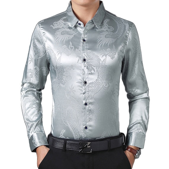 Smooth Silk Satin Chinese Dragon Jacquard Slim Fit Long Sleeve Style Men Shirt