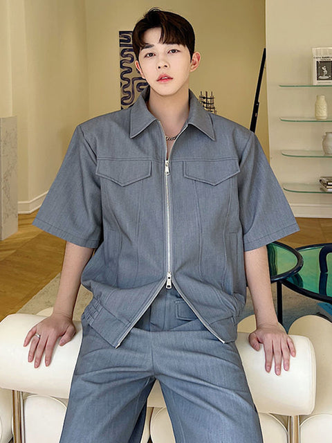 Grey Double Pocket Zipper Shirt