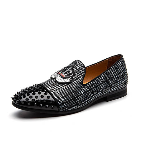 Black Spikes Rivets with Patched Ornament Detail Men Loafers Shoes - FanFreakz