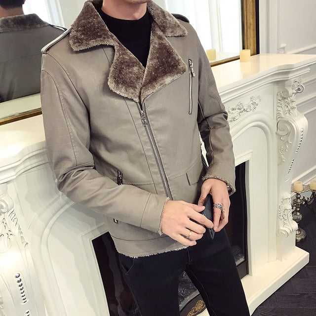 Black and Grey Warm Winter Casual Men Leather Jacket - FanFreakz