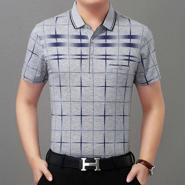 Lattice Plaid Printed Men Short Sleeve Polo Shirt