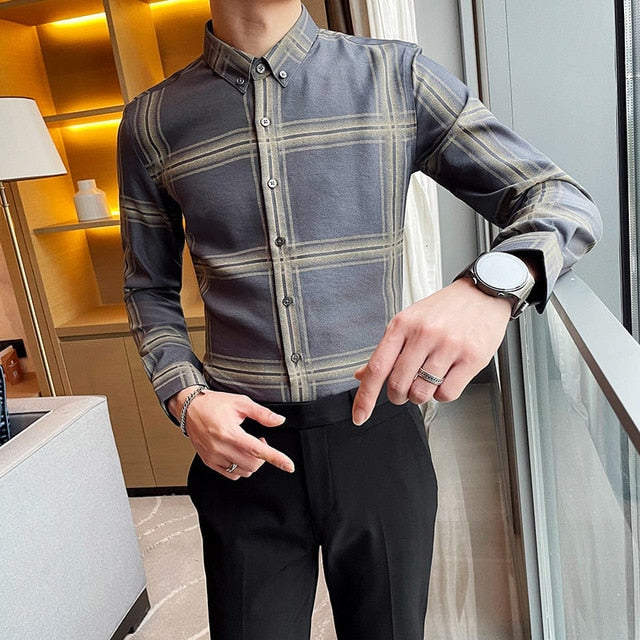 British Style Plaid Pattern Long Sleeve Shirt