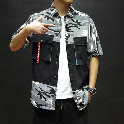 Cotton Double Pocket Trendy Camouflage Men Short Sleeves Shirts