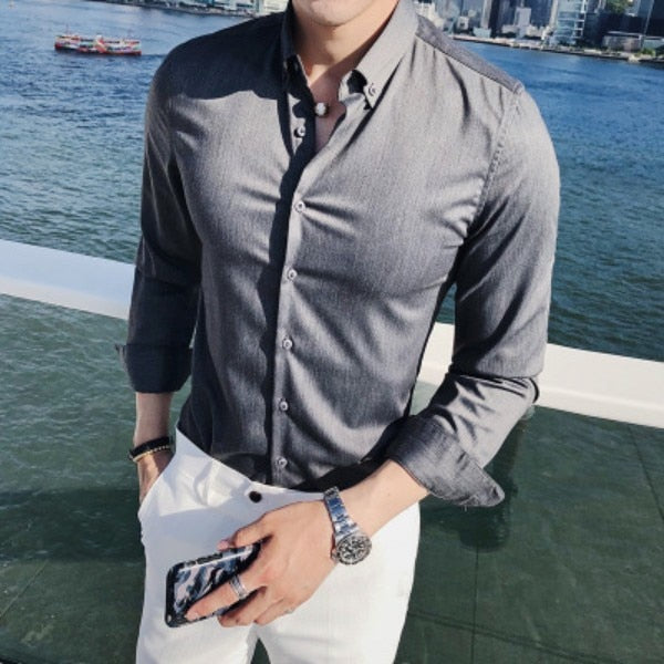 Solid Basic Business Men Long Sleeves Shirt