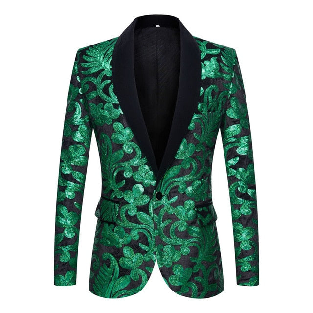 Shawl Lapel Velvet Gold Flowers Sequins Stage Singer Clothes Men Blazer