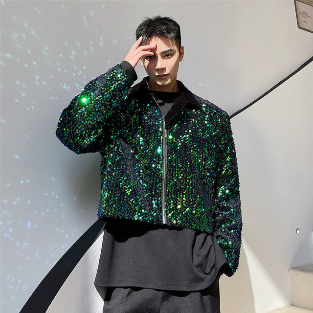 Green Sequined Black Lining Men Jacket