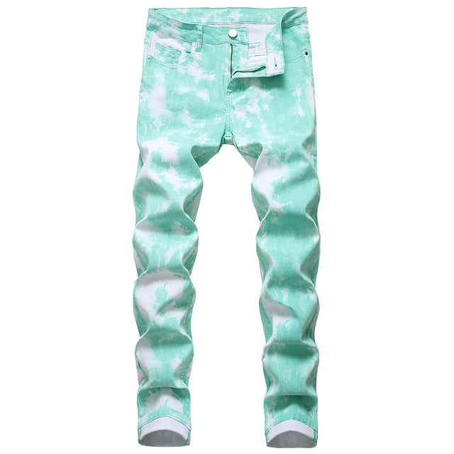 Colorful Paint Printed Slim Straight Streetwear Casual Men Jeans
