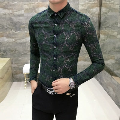 Petal Leaves Stylish Lace Long Sleeve Design Men Shirt