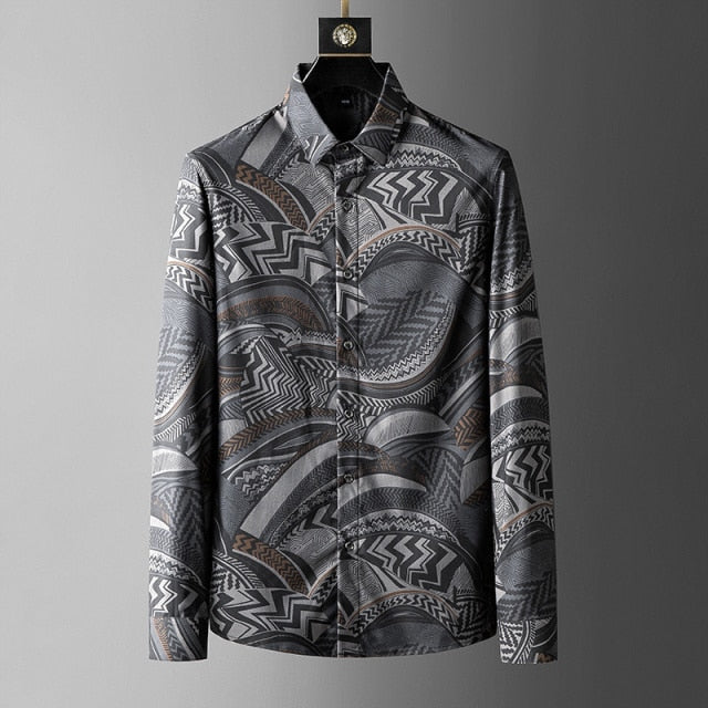 Gray Abstract Banquet Printed Long Sleeve Shirt