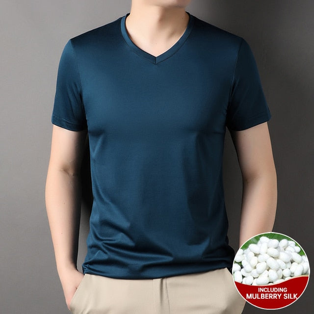 Mulberry Silk Solid V-Neck Smooth T-Shirt