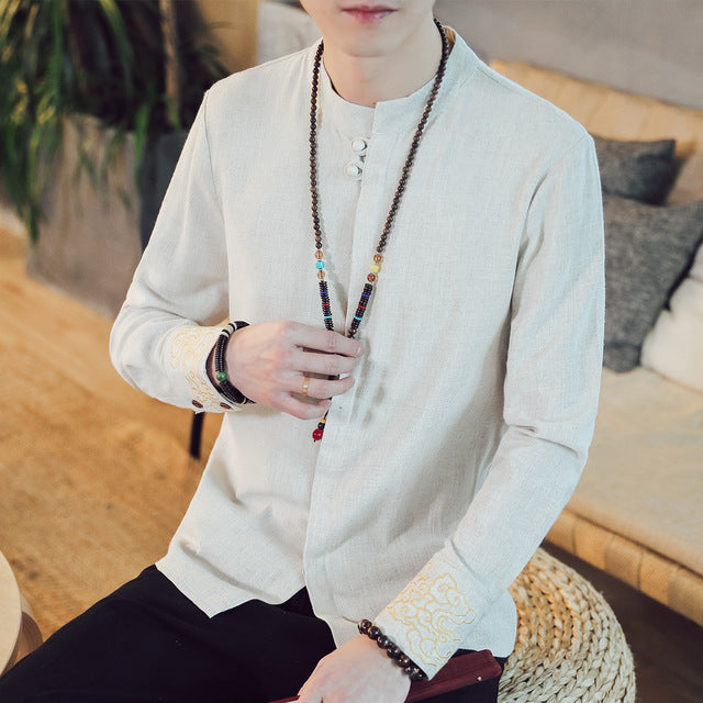 Style Kung Fu traditionnel en lin avec chemise à manches longues pour homme brodée au poignet simple