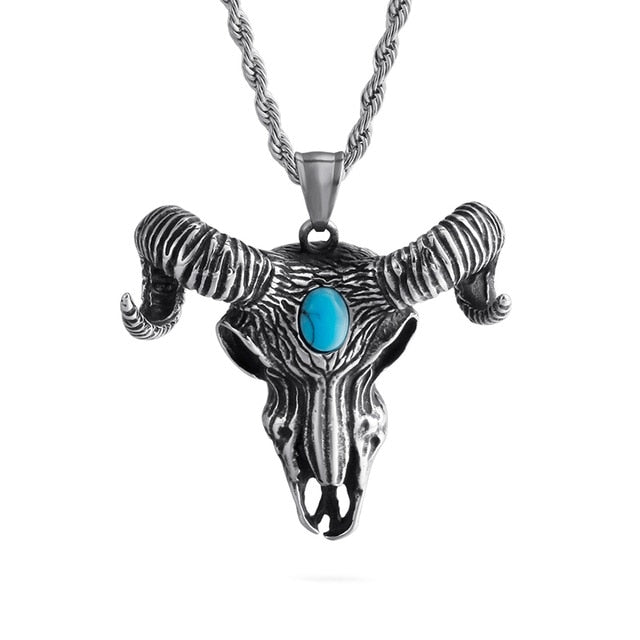 Stainless Steel Goat Horn Pendant with Blue Stone Men Necklace