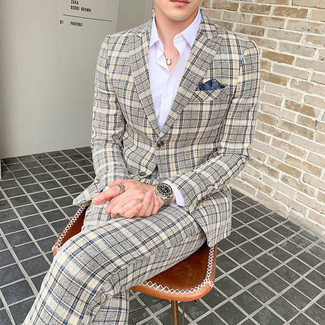 Plaid Check Single Breasted Business Slim Casual Style Men Suit