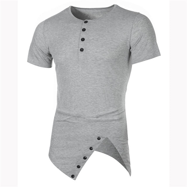 Asymmetric Cut Hem Men Buttoned Neckline T-Shirt